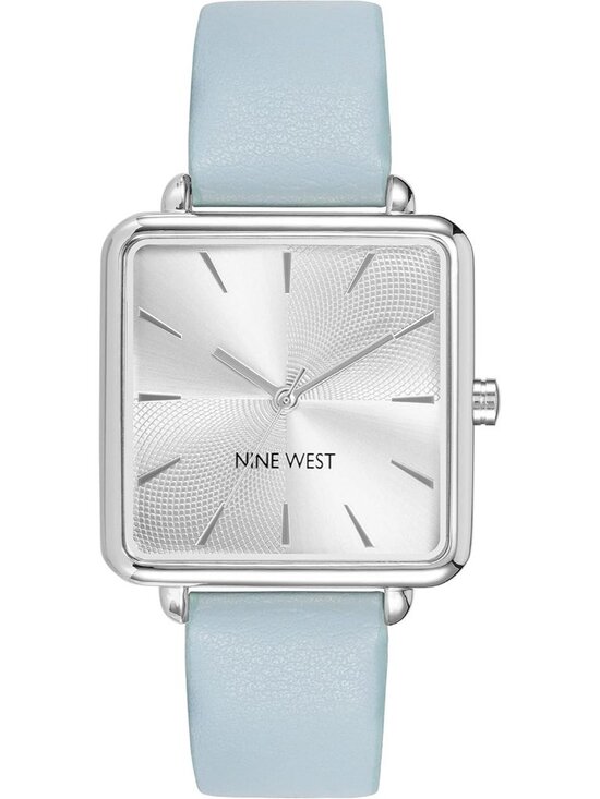 Nine West Accessories - Nine West Women's Light Blue Silver Analog Solid Faux Leather Strap Square Watch